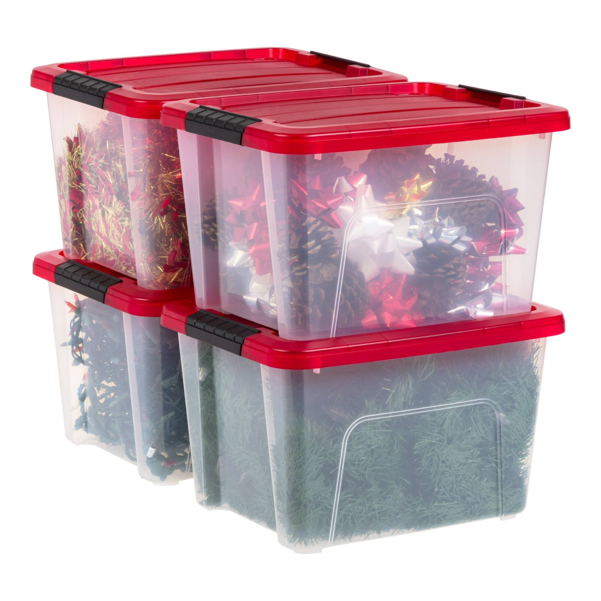 IRIS® 20.5qt. Clear Holiday Storage Boxes with Red Buckle Lids, 4ct.